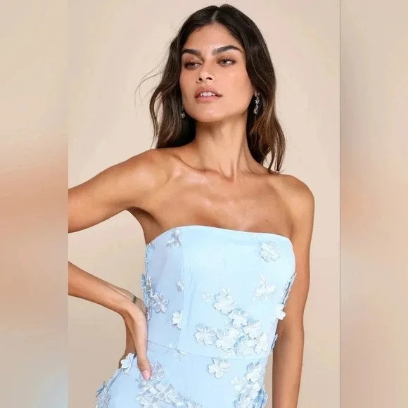 Lulus Rare Presence Powder Blue 3D Floral Embroidered Maxi Dress Wedding  Party
